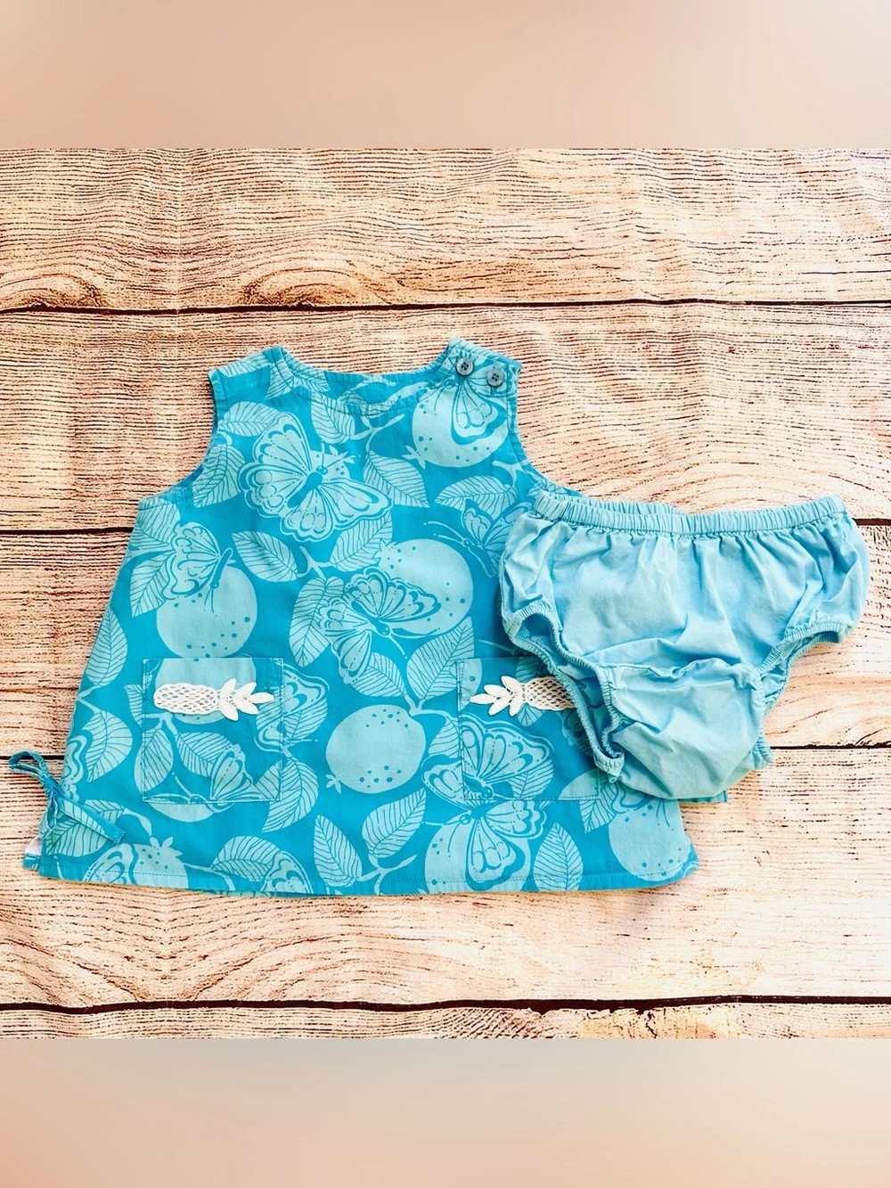 Lilly Pulitzer Blue Butterflies & Fruit Baby Lilly Dress & Bloomers Sz 12-18M